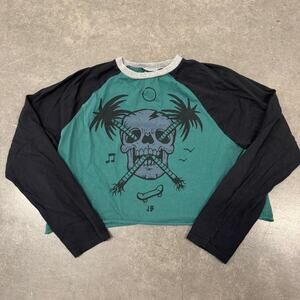 Vintage Y2K Surf Volcom Skull Crossbones Green Black Longsleeve Crop Top XL